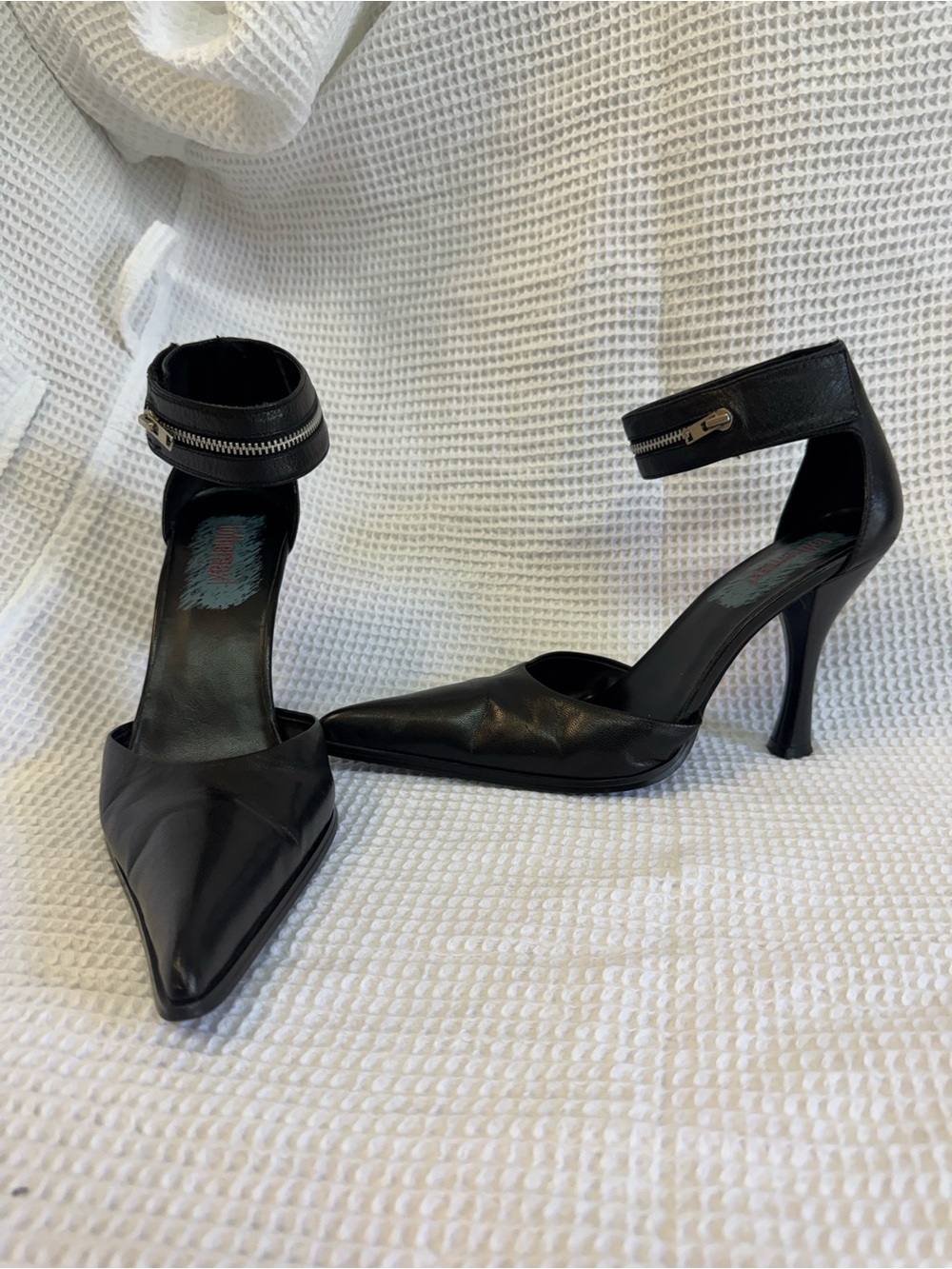 Black Pointed Ankle-Strap Stiletto Heels with Zip Accent